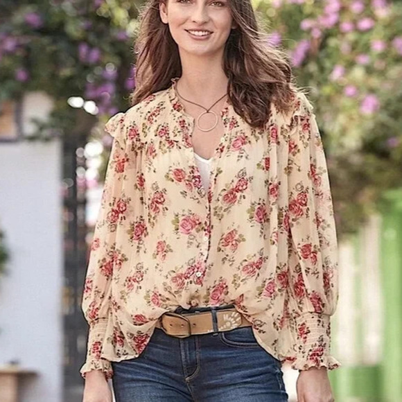 Sundance Amelia Floral Sheer Smocked Blouse Prairie Cottage Button Top Large - Picture 15 of 16